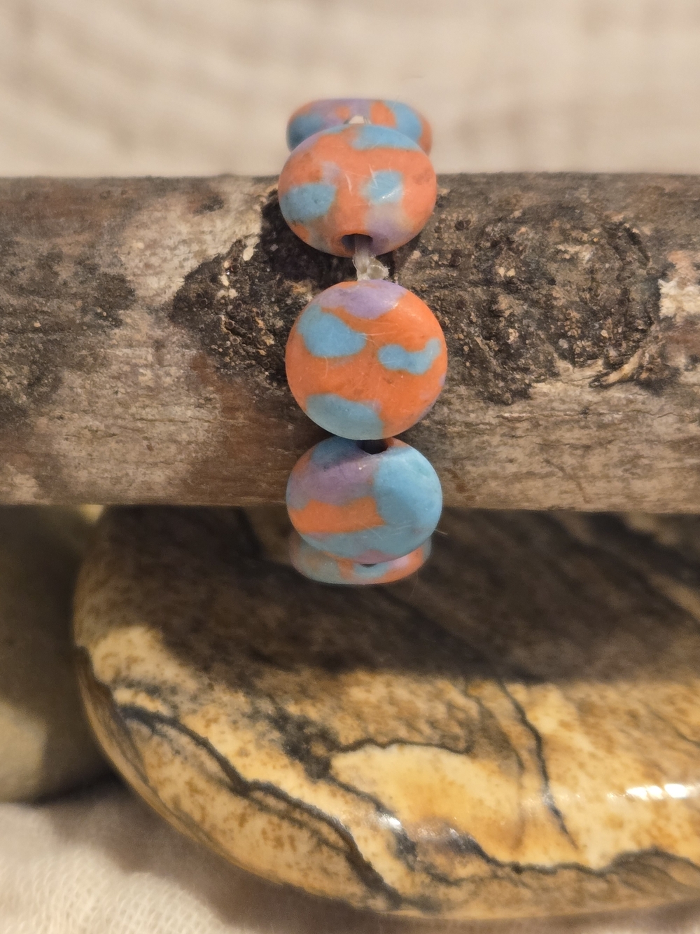 Colorful Polymer Clay Bead Stretch Ring - Multicolor Blue, Pink, Purple - Picture 2 of 3